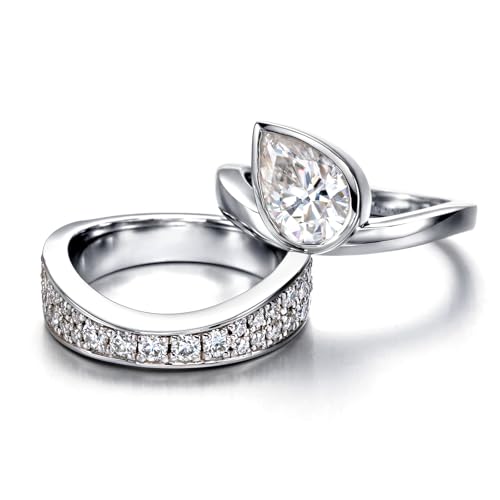 CannyCat Womens 2.5 Carat Crushed Ice Cut Pear Moissanite Bezel Ring with Curved Guard Wrap Enhancer for Engagement Anniversary Rings Platinum-Plated Silver Channel Eternity Wedding Band Bridal Set