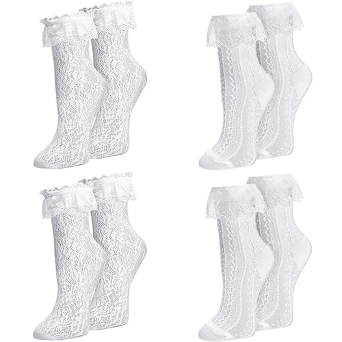 Image of Women Lace Ruffle Socks White Black Frilly Lolita Crew Dress Socks | Womens Ankle Lacy Ruffled Socks Adult Cute Soft Cotton Thin Sexy Mesh Lace Trim 80s Casual Church Socks for Ladies Big Girls