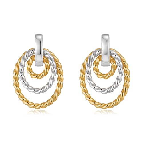 INNERDIVA Two-Tone Boho Stud Earrings for Women, Mixed Metal Gold & Silver Twisted Hoop Earrings Vintage-Inspired Layered Jewelry Gifts