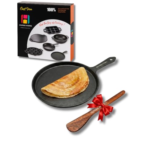 Image of Human Hydro Cast Iron Tawa 25cm (Single Handle) with Wooden Spatula | Heavy-Duty, Even-Heat | Naturally Non-Stick When Seasoned | Gas & Induction Compatible | Toxin-Free