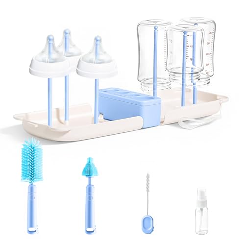 Image of Travel Baby Bottle Cleaner Kit，7-in-1 Baby Bottle Brush Set for Travel and Home, All-in-One Baby Bottle Washing Kit: Integrated Cleaning & Drying System for Bottles and Breast Pump Parts (Blue)