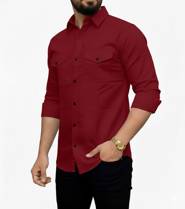 Image of DEELMO Men's Classic Cotton Blend Slim Fit Shirt || Full Sleeve Button-Down Casual Shirt with Dual Flap Pockets || Soft Breathable Fabric || Ideal for Office Party and Everyday Wear