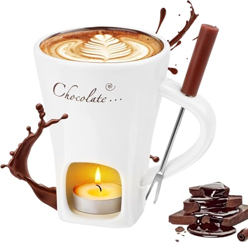 Byffoer 200ml Keramik Schokoladenfondue Set Schokofondue Tasse Becher zum Schmelzen von Schokolade Fondue Set Mit Gabel Und Teelicht für Käse Schokolade Butter Karamell(Weiß)