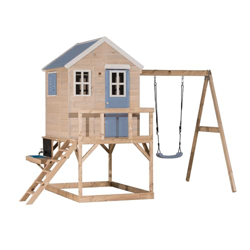 Wendi Toys M23PB-K Cabane sur pilotis avec Toboggan, Cuisine extérieure & balançoire, Maison de Jeu en Bois FSC pour Enfants, 192×350×242 cm, avec échelle & Robinet d’Eau, Bleu