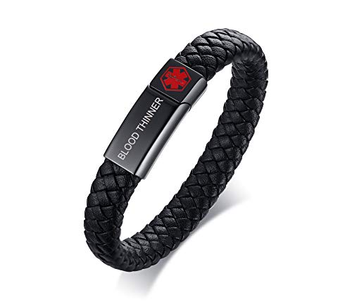 PJ JEWELLERY BLOOD THINNER Braided Genuine Leather Medical ID Wristband Mens Medical Alert Leather Bracelet with Stainless Steel Magnetic Clasp