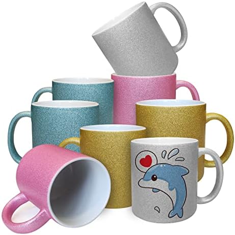 G HEAT-GOO 11oz Sublimation Glitter Mugs, Multi Colored Ceramic Mug Set, DIY Creative Text Motto Logo Coffee Mug Gift, Comes with Box and Foam Supports, Set of 8