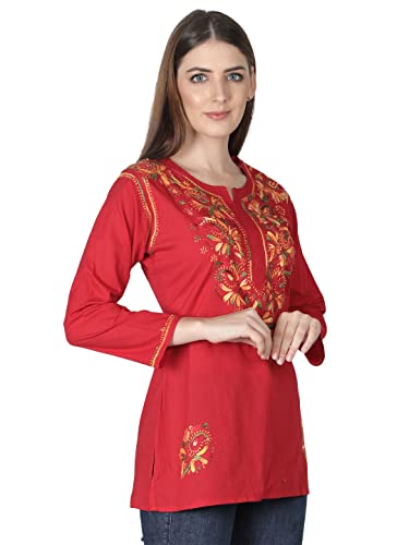 Image of Seva Chikan Hand Embroidered Lucknowi Chikankari Cotton Short Kurti Tunic Top for Women SCL4076