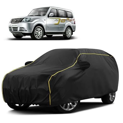 Image of Sulfar 100% Water Resistant Car Body Cover Compatible with Mirror for Tata Sumo Grande MK II (Triple Stitched, Full Bottom Elastic, Black Taffeta with Yellow Piping)