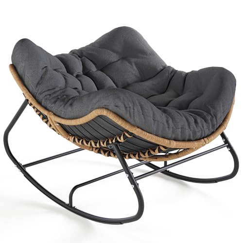 SWITTE Outdoor Rocking Chair, Oversized Patio Papasan Rocker, Comfy Wicker Reading Lounge, Indoor...