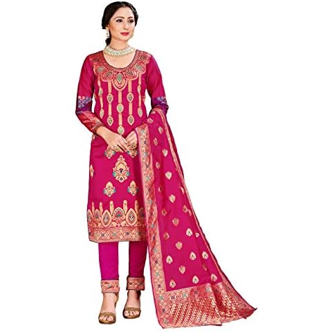 Women's Customized Stitched Indian Pakistani Dress|| Banarasi Art Silk Readymade Woven Salwar Kameez Suit Dupatta, Pink, One Size Cover