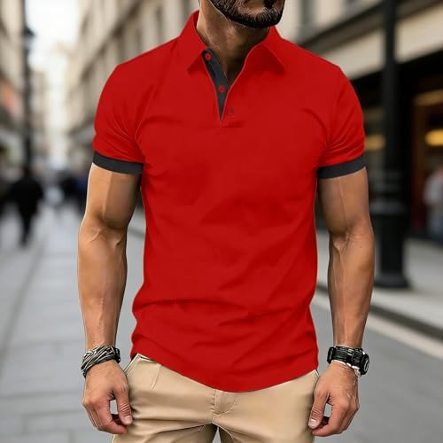 T Shirts for Man Casual Short Sleeve Button Down Lapel T-Shirts Summer Lightweight Beach Vacation Henley Basic Shirt Workout Shirt Men Red Large
