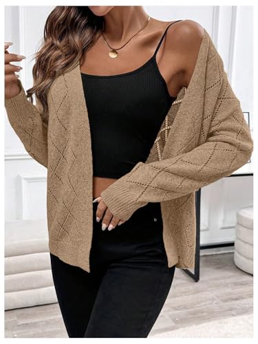 Verdusa Women's Argyle Plaid Lightweight Cardigan Sweaters Open Front Hollow Out Knitted Outerwear Dressy Casual Outfits3