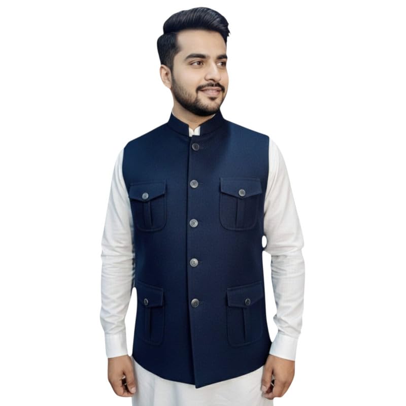Men's Nehru Jacket Waistcoat, Sleeveless, Four Pocket Design, Mandarin Collar, Button Front-picture-50
