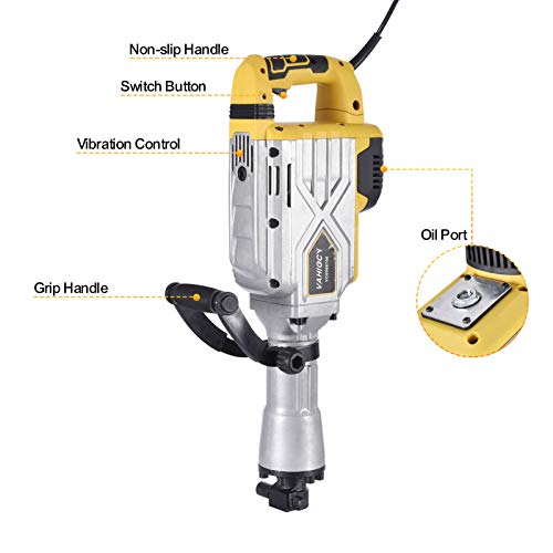 Catinbow 2700W Electric Demolition Jack Hammer 110V Heavy Duty Concrete Breaker Hammer 1900 BPM Jack Hammer Demolition Drills with Flat Chisel Bull Point Chisel