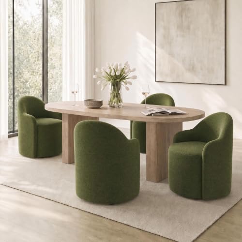 Image of KISLOT Upholstered Dining Chairs Set of 4 with Caster, Pre-Assembled, Green | Modern Dining Room Chairs with Wheels, Rolling Vanity Chair with Round Backrest for Kitchen, Bedroom, Dressing, Linen Fabric