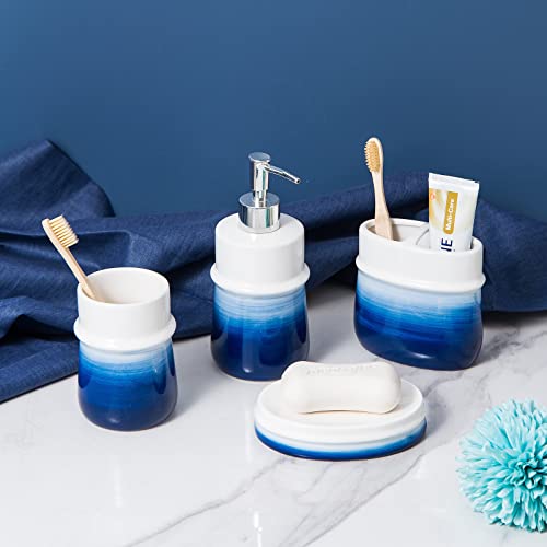 Rzcnc Navy Blue Bathroom Accessories Set, 4-Piece Blue Ceramic Bathroom Decorations Accessories Set,Contain Toothbrush Cup,Soap Dispenser,Soap Dish,Tumbler #TOP4
