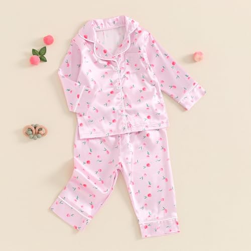 Toddler Baby Girl Silk Pajamas Set Floral Print Long Sleeve Button Down Shirt Pants Matching Pjs Lounge Set3