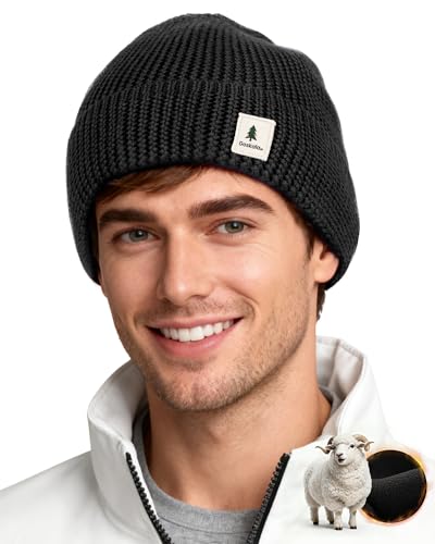 GoSkala Gorro Beanie Lana Merino Hombre con Forro Polar, Gorro de Punto, Gorro Invierno Hombre y Mujer, Negro
