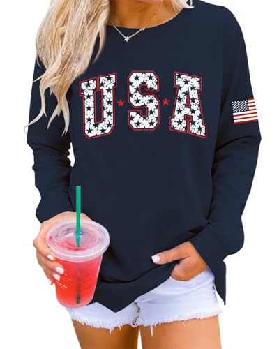Image of Dressmine Womens USA Shirt Casual Long Sleeve Graphic Tees Knit Crew Neck Sweatshirts Loose Pullover