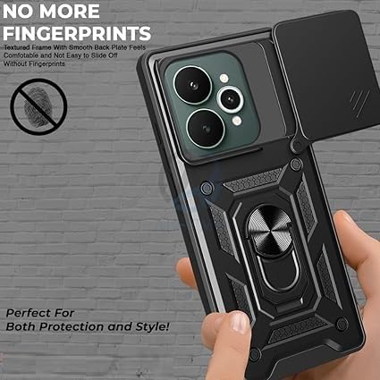 Image of SPAZY CASE Realme 15 Back Cover | Heavy Duty Hybrid Case with 360 Degree Rotating Finger Ring Holder + Slider Shutter Camera Protection Case for Realme 15 - Black