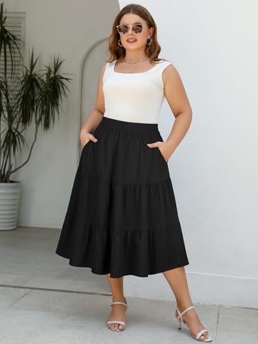 Women's Plus Size Casual Summer Midi Skirt with Pockets 1X-4X Tiered Lightweight A-line Skirts2