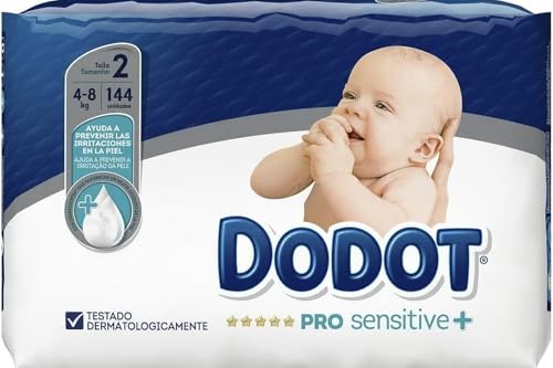 Dodot PRO Sensitive+ Pañales Bebé Talla 2 (4-8 kg), 144 Pañales, Ayuda a Prevenir Irritaciones, Piel Sensible, Alta Absorción, Indicador de Humedad, Testado Dermatológicamente