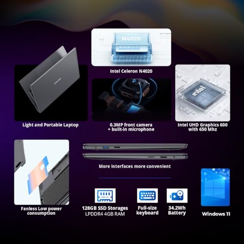 Image of Chuwi HeroBook Air Laptop 11 inch - Intel Celeron N4020, 4GB RAM, 128GB SSD, Up to 2.8 GHz, WiFi, 34.2Wh Battery, Webcam, Micro-Edge Display, Windows 11 - Black