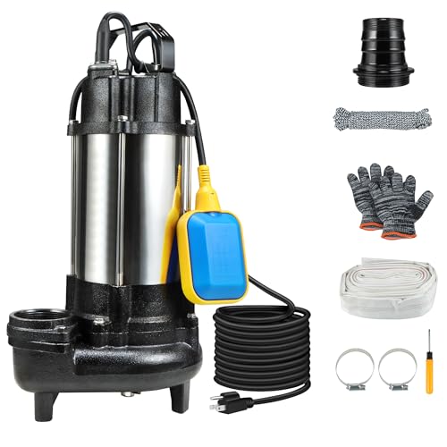 NLIEOPDA 1HP Sewage Grinder Sump Pump, Submersible Effluent Pumps 110V 6400 GPH Auto Float Switch, Cast Iron, 2'' NPT Discharge for Basement, Sump Basin, Residential Sewage