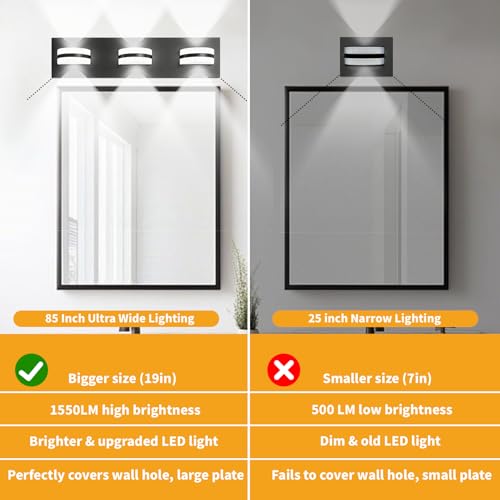 Image of Rotatable LED Bathroom Vanity Light 3-Light 19 inch Black Dimmable ETL | 1550 LM, 15 Min. Quick Install, Acrylic Lampshade, Metal Base, 5000K Temperature, Flicker-Free, CRI85+ Color Rendering