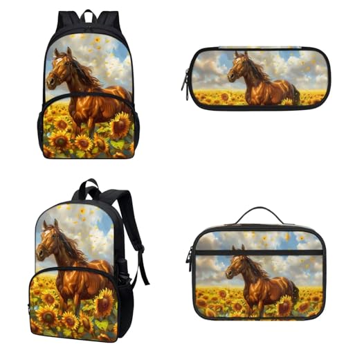 Gomyblomy Sunflower Horse Backpack for Girls Backpacks with Lunch Box Set 3 in 1 Girls School Bag Ages 8-10 10-12 12-14 Kids Bookbag 3rd Grade Back Pack Lightweight Travel Rucksack for Teens2