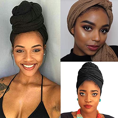 Youme Stretch Jersey Turban Head Wraps African For Women Dreadlocks Scarf Ultra Soft Headband Long Hair Breathable Solid Color Tie Large Headbands, Black+Coffe+Light Brown+Army Green #TOP5