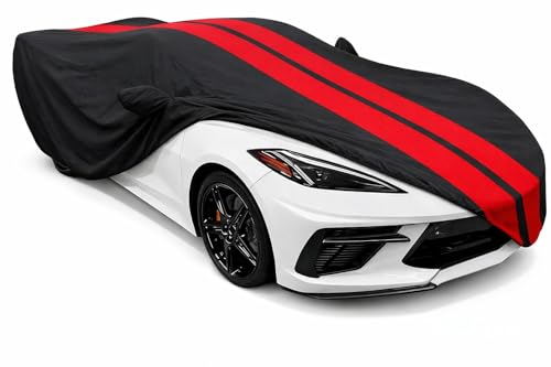 SR1 Performance USA C8 Corvette Car Cover Outdoor 2020–2026 – Custom Fit Stingray Z06 Z51 E-Ray, Water Resistant Breathable, UV Protection, Wind Secure & Storage Bag (Black with Red Stripes)