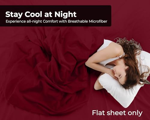 Image of Royale Linens Full Flat Sheet - Ultra Soft Brushed 1800 Microfiber Flat Sheets Only - Wrinkle Free & Stain Resistant - Hotel Quality Top Sheet for Bed (Full, Burgundy)