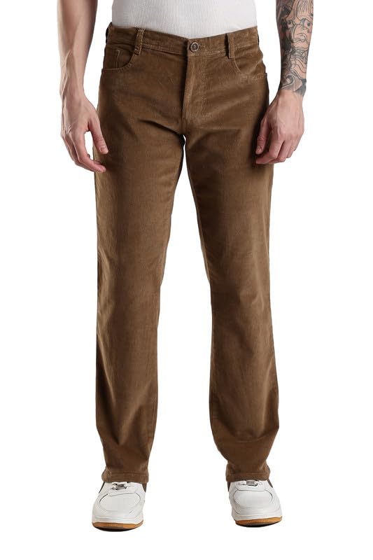 Image of NEVER NEUD Men's Corduroy Trousers, Stylish Mid Rise Straight Fit Pants for Men, 98% Cotton 2% Elastane, Button Closure, 4 Pockets (Khakhi, 32)