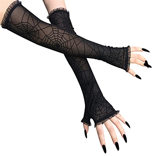 ZJHGQ Halloween Spinnennetz Handschuhe Halbfinger Lange Spitze Fingerlose Handschuhe Halloween Party Kostüm Cosplay Kostüm Zubehör Cover