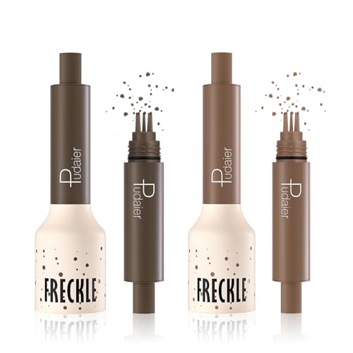 Pudaier 2Pcs Freckle Stamp - Waterproof Faux Freckle Pen, Natural-Looking Freckle Makeup, 5-Point Quick Dry Long-Lasting Magic Fake Freckles Marker for Sunkissed Makeup (#1-Ash Chestnut + #4-Caramel)