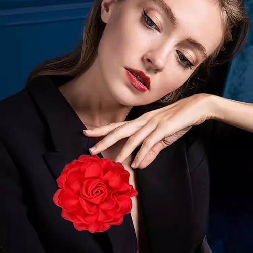 Image of Extra Large Satin Fabric Flower Brooch for Women Elegant Rose Camellia Floral Brooch Pin Handmade Big Satin Fabric Flower Statement Brooch Pin Vintage Clothing Hat Bag Accessories Christmas Wedding Bridal Birthday Jewelry