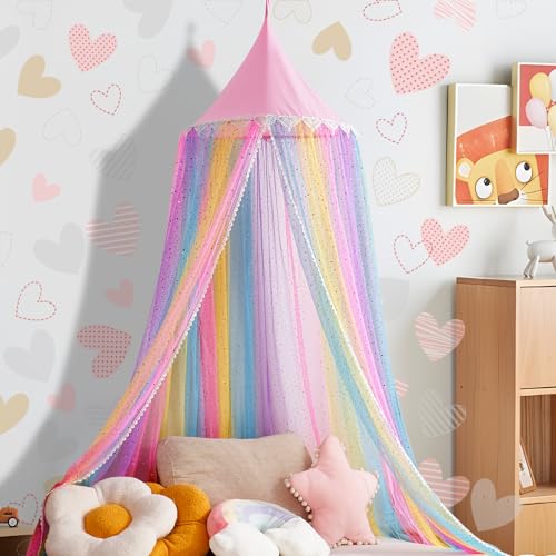 WEEKAN Rainbow Canopy for Girls Room, Princess Bed Canopy for Kids and Toddler, Crib Canopy for Baby, Round Dome & Sequin Netting