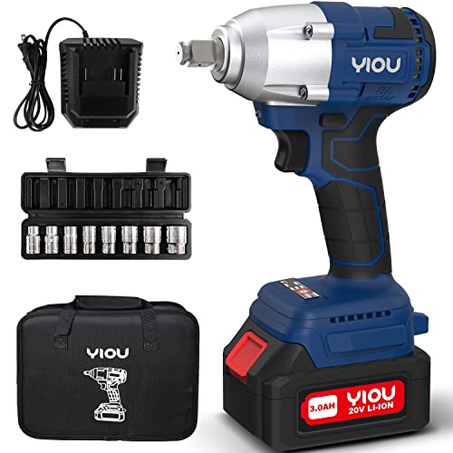 YIOU 20V MAX Cordless Impact Wrench 1/2 inch,Compact Impact Wrench Set for Home & Car,Max Torque 320NM,3.0A Li-ion Battery, 9Pcs Driver Impact Sockets, Brushless Motor,Fast Charger and Tool Bag,Blue