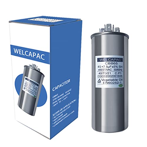 WELCAPAC Capacitor ac 45+7.5 uF 45/7.5MFD ±6% 370V/440VAC CBB65 Dual Run Circular Start Capacitor for AC Motor Run or Fan Start or Condenser Straight (45+7.5 MFD)