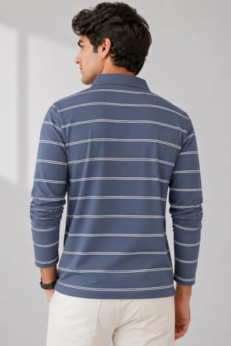 Image of SANE ORIGINALS Full Sleeves Polo Collar Tshirt for Men with Pocket || Stripe Collar and Pocket Tshirt for Men Long Sleeves Navy Blue