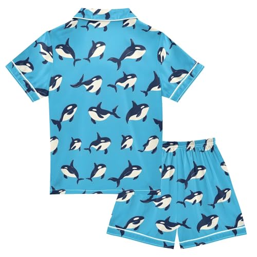 ALAZA Blue Fish Whale Satin Pajamas Set Short Sleeve Button Down Sleepwear Summer Pjs 2 Piece2