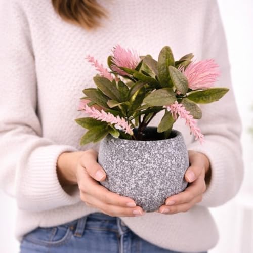 Image of Garden Art Artificial Protea Flower Arrangement in Decorative Dotted Pot - Realistic Faux Pink Protea Plant for Home, Office, Table & Shelf Decoration (P-0235Pink)