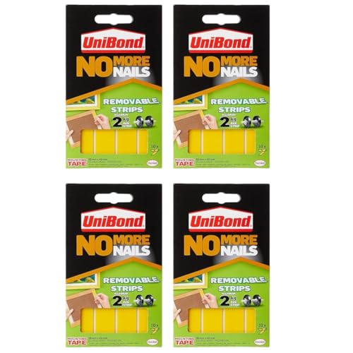 Image of Unibond No More Nails,Removable Adhesive Strips, Double Sided, For Hanging Photo Frames, Hooks, Car Number Plate, Up To 2Kg, DIY, Fast & Easy Mounting Pack Of 10, 9.5 Cm, Multicolour(pack of 4)