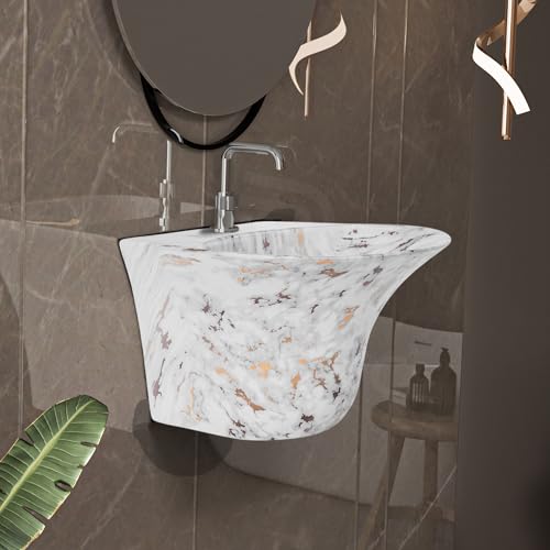 Image of REMANENCE Luxury Wall Mount Half Pedestal Wash Basin for Bathroom | Designer Wall Hung Basin | Wall Mounted Washbasin for Resturent, Hotels (16 x 16 x 11 Inch) (White Gold Spot)