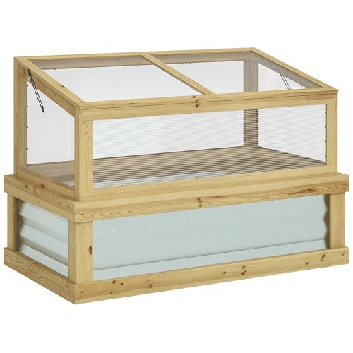 Outsunny Raised Garden Bed with Polycarbonate Greenhouse, Lean-to Garden Wooden Cold Frame Greenhouse, Flower Planter Protection, Lean to Roof, 41" x 22.5" x 28.25", Natural - Best Cold frames