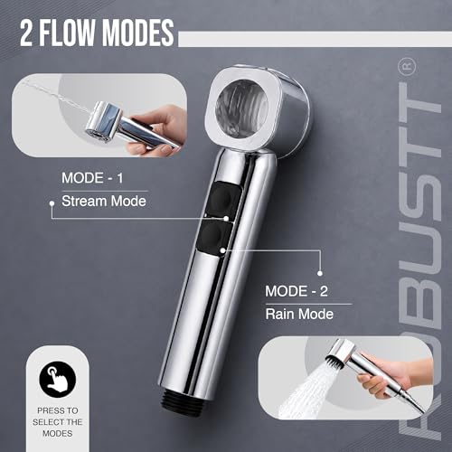 Image of Robustt Health Faucet for Toilet with Adhesive Wall Mount Holder | 2 Flow Modes | Jet Spray for Toilet with Stream & Rain Settings, Button Control, Chrome Finish Bathroom Faucet (Without Hose)