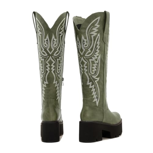 Image of Uillnoodu Wide Calf Cowboy Boots Women Adjustable Lace Up Knee High Tall Plus Size Cowgirl Boots Western Style Comfortable 2-Inch Heel