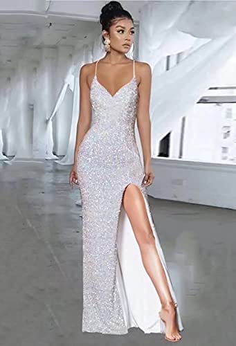YMSHA Spaghetti Strap V Neck Sequin Prom Dresses for Teens High Slit Long Evening Party Dress YMS2454