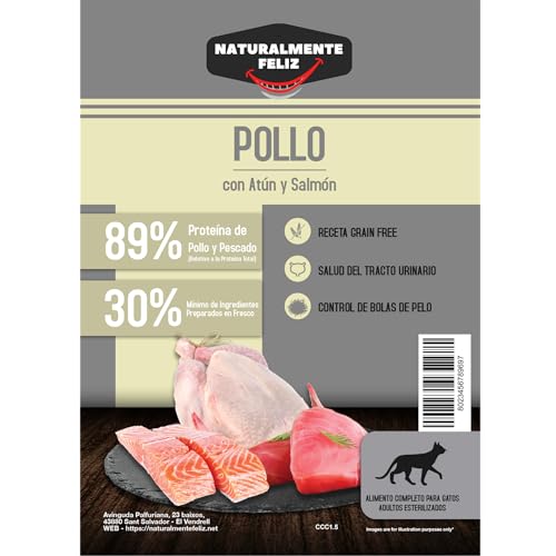 Pienso Premium para Gatos Esterilizados – Pollo con Atún y Salmón 70% Carne y Pescado Fresco – Grain Free – Control de Peso y Salud Urinaria – 1,5 kg